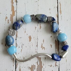 Eclectic Lapis Lazuli, Baby Blue Quartz & Silver Tone Stacking Bracelet